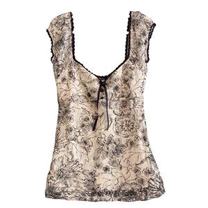Jane Norman Top Cami Milkmaid Fitted Sleeveless Black White Floral Women 12 VTG
